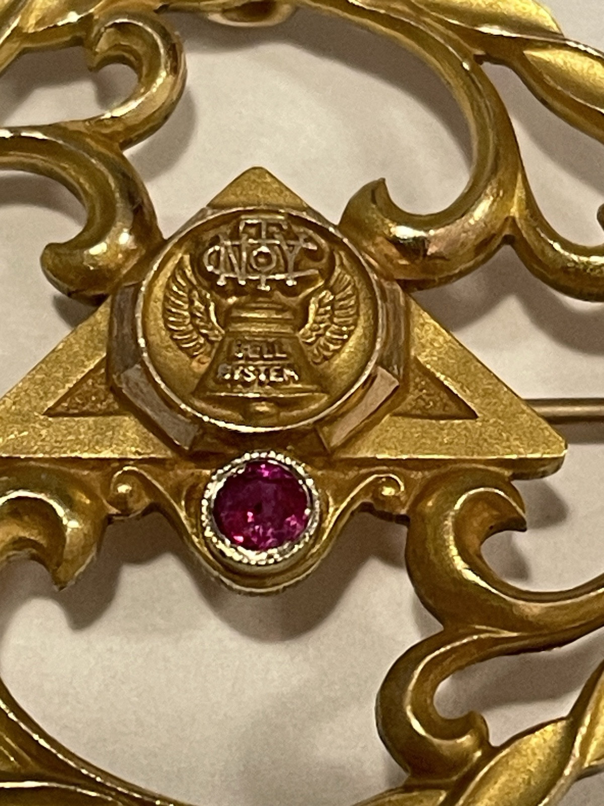 Vtg NTY Bell Systems 1/5 10k Gold Filled Ruby Pin Pendant Brooch