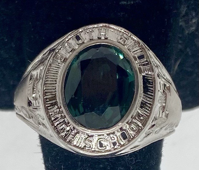KINNEY STERLING SILVER SCHOOL RING Green Stone Size 7.5 SOUTH SIDE School – 6.6g