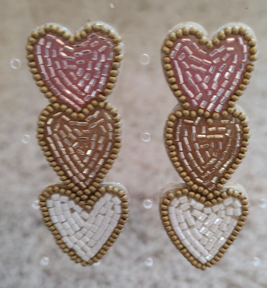 Heart Earrings Seed Rice Bead Pink Gold White Lightweight New Wedding Valentine
