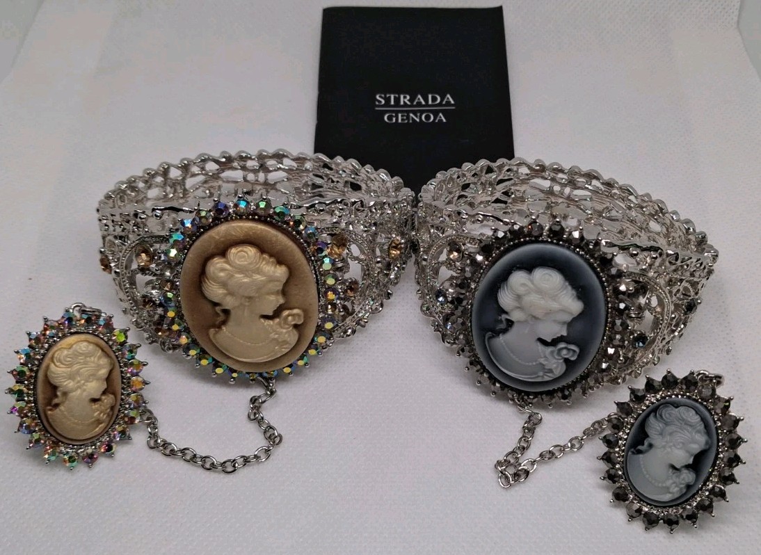 Strada Genoa Cameo Bracelet Watches & Matching Rings Lot Of 2 Vintage