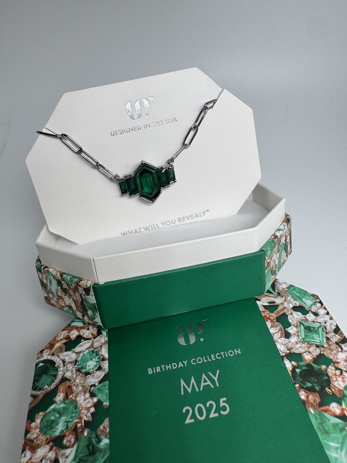 Bomb Party May 2025 Necklace NK93233 “Luxe Allure” Emerald on Hematite Plating