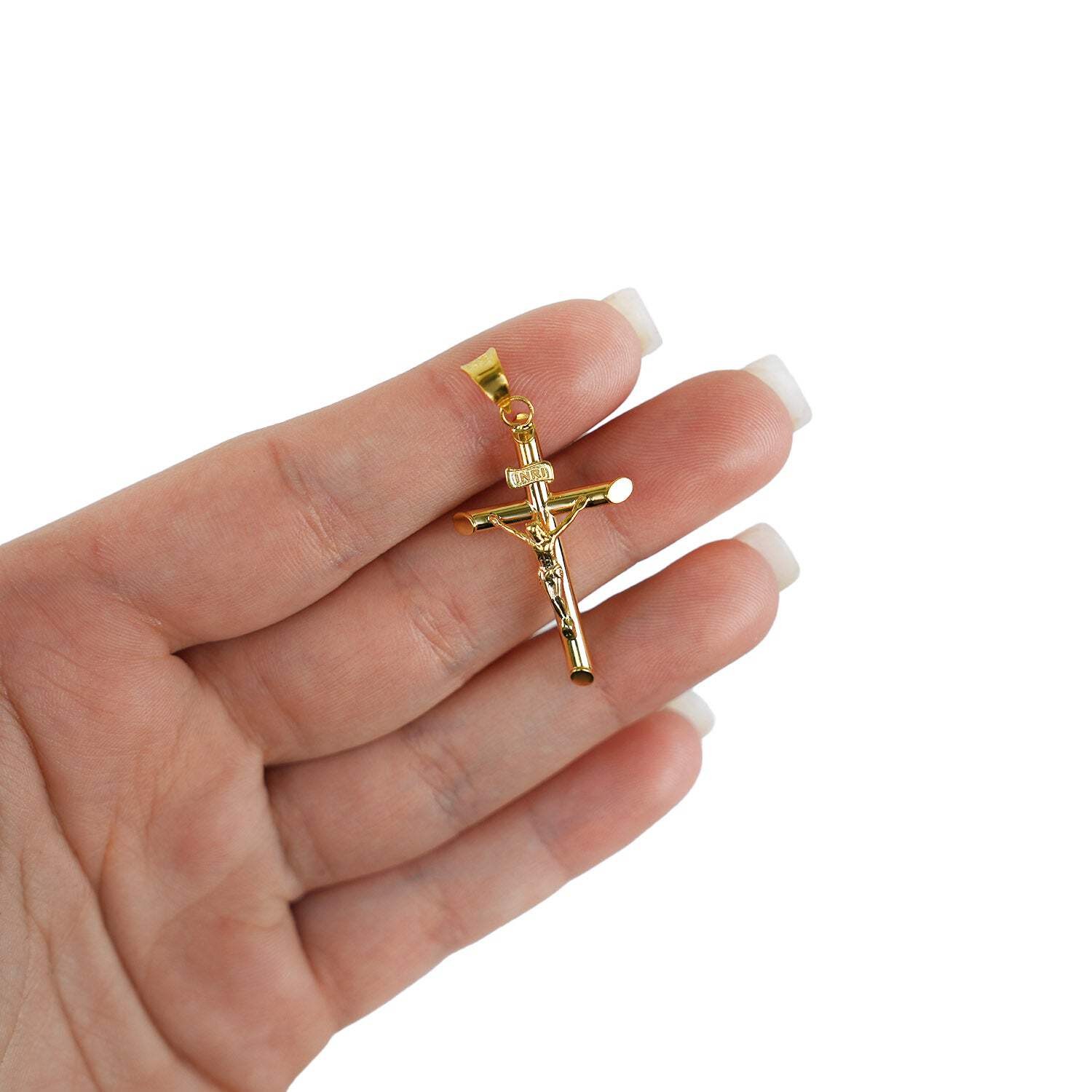 14k Yellow Gold Jesus Crucifix Cross Religious Pendant INRI 1.6″