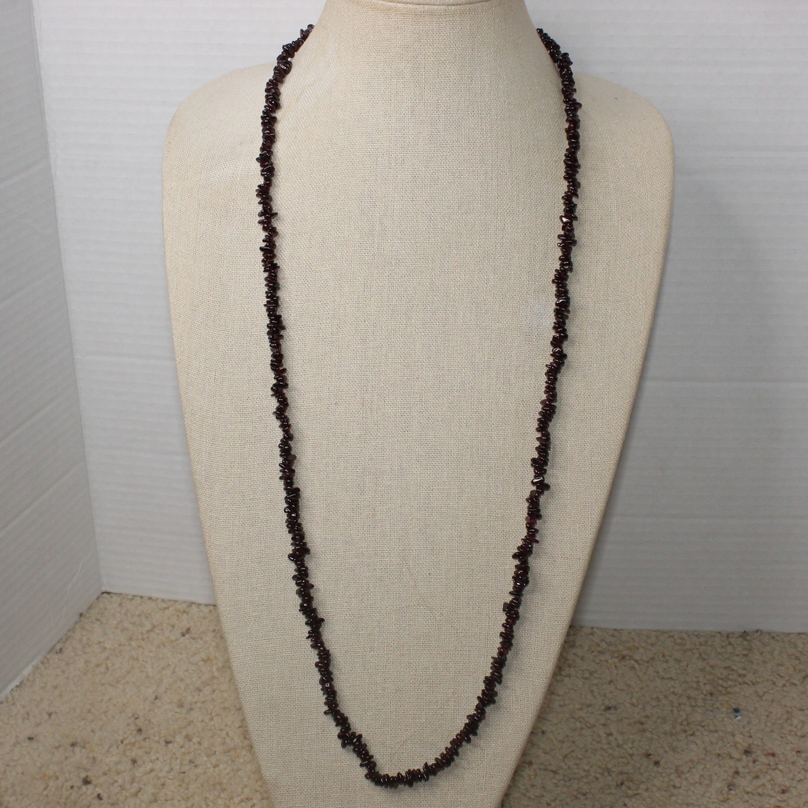 Garnet Chip Necklace Long Strand Beaded Gemstone 35in Deep Red Burgundy Boho