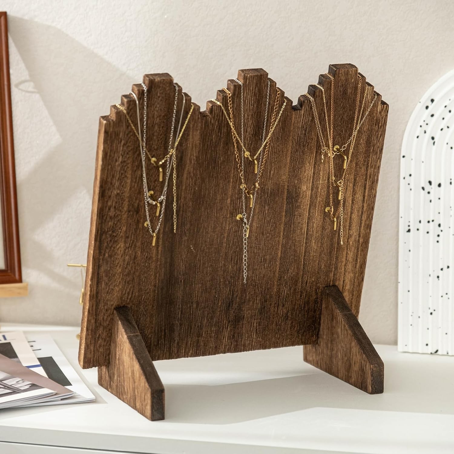 Lolalet Wooden Necklace Display Stands 11.81 x 5.9 x 12.99 inches, Dark Brown