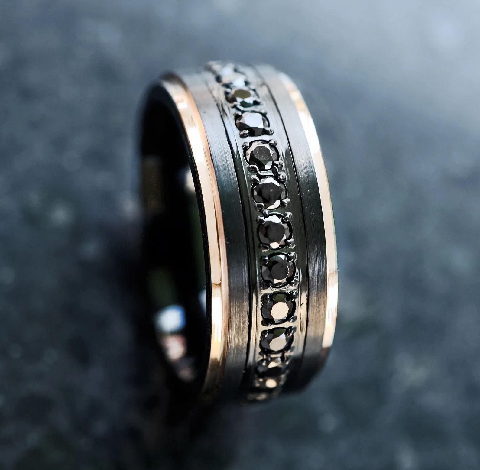 Tungsten Black Flat Brushed Gold Plated All Around Raised Step Edge Ring – 8mm
