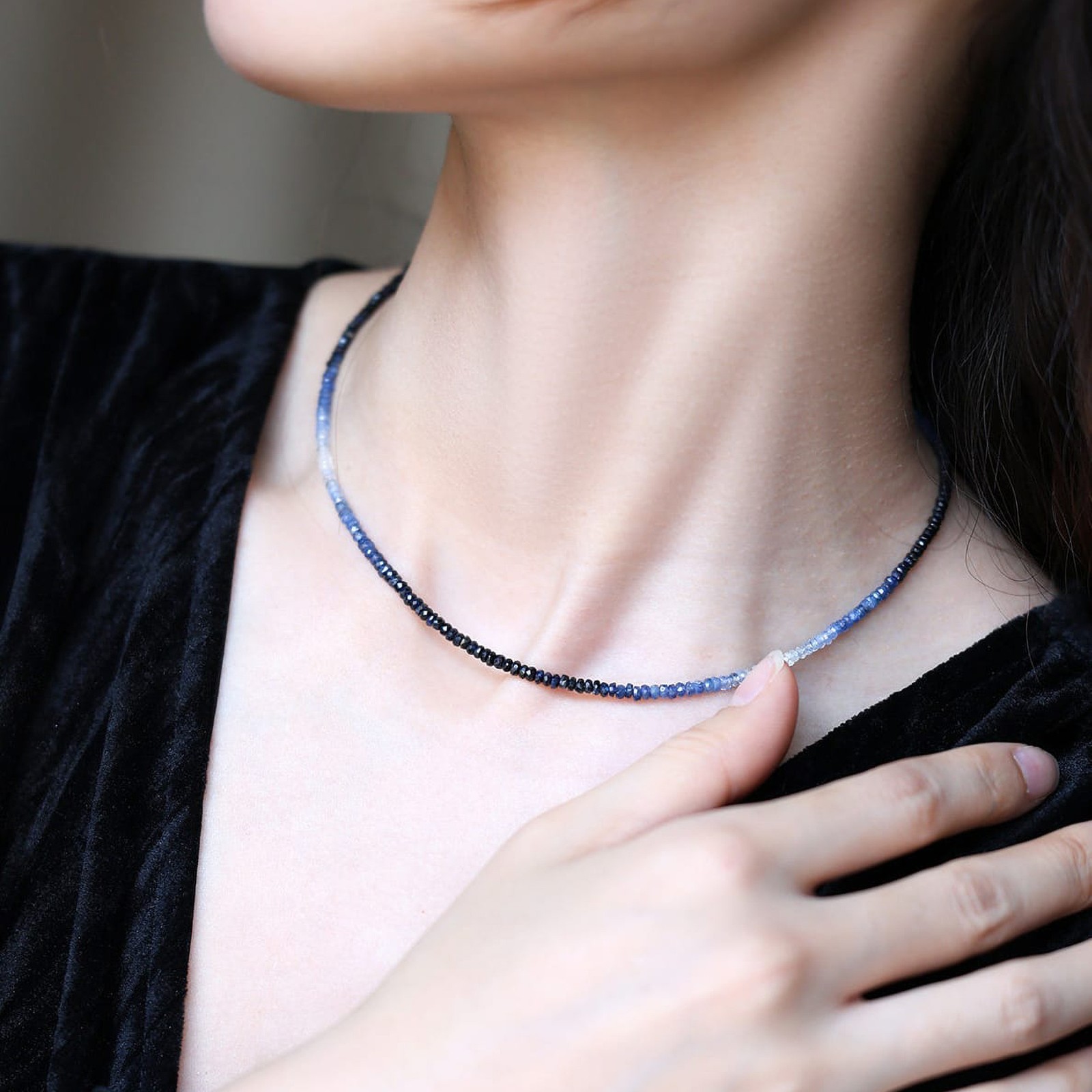 18K Gold Ombre Sapphire Choker, Gradient Blue Beaded Necklace, Gift for Her