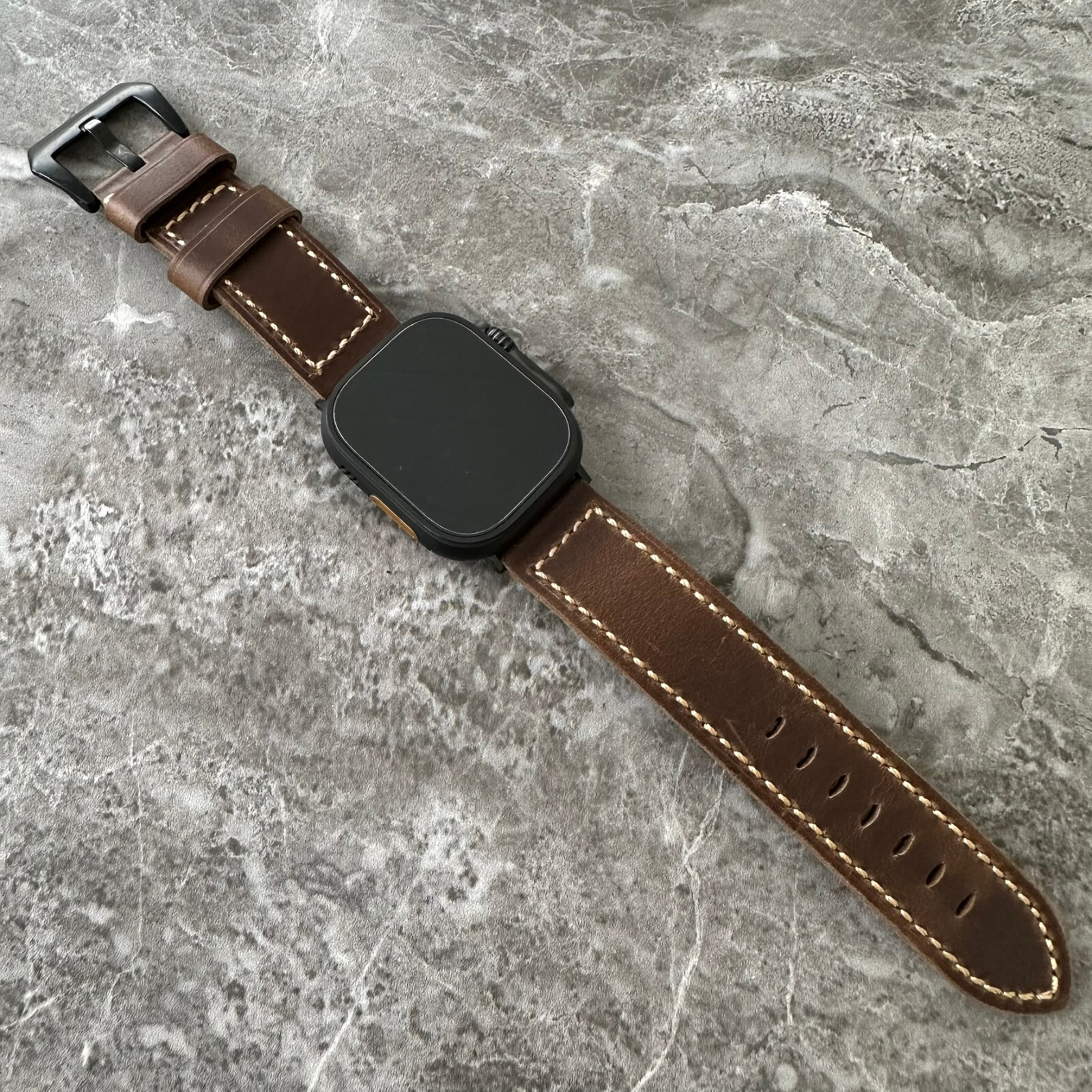 Premium Leather Thick Dark Brown Watch Strap For Black Apple Watch Ultra 49mm