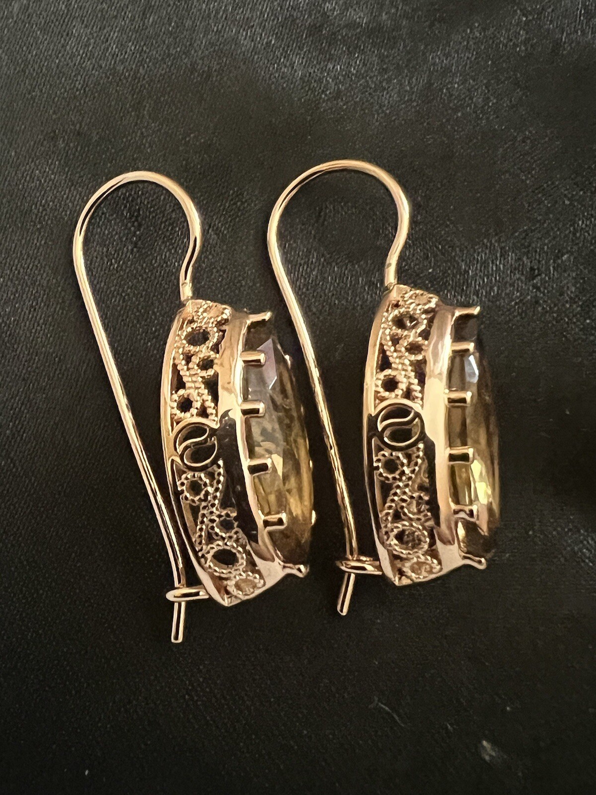 14k Rose Gold Plated Filigree Oval Amber Earrings English Lock