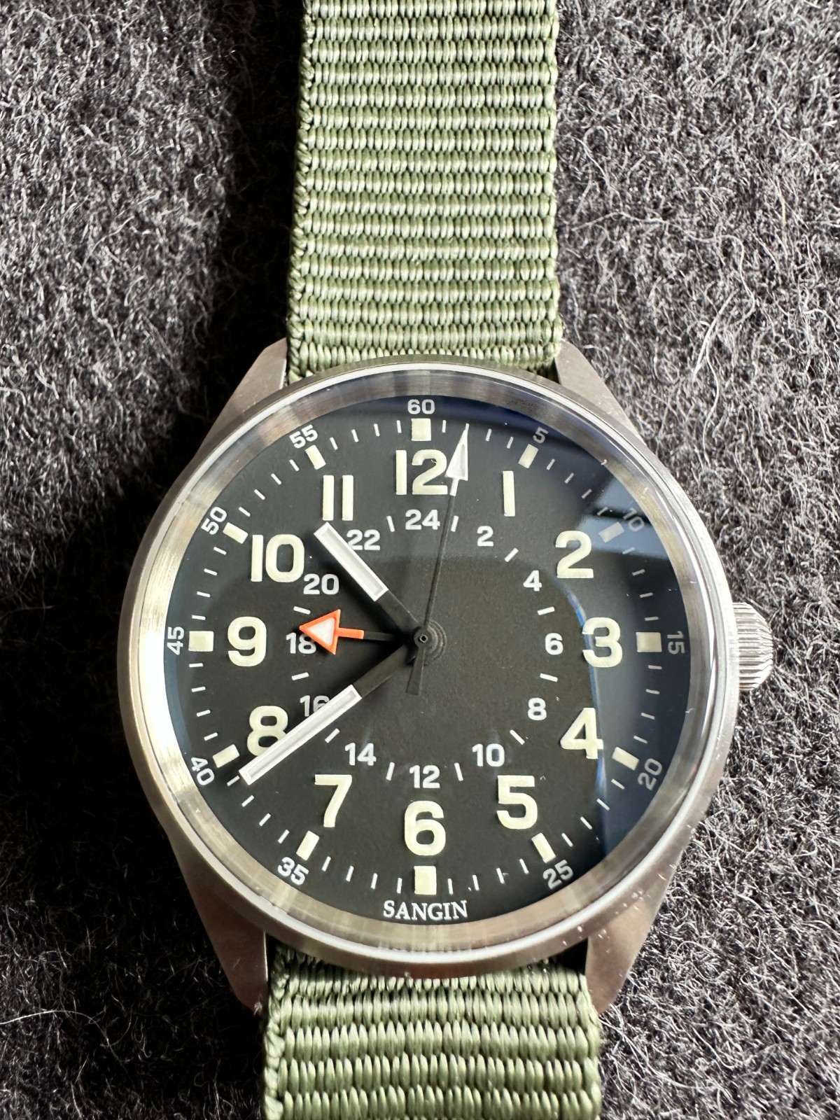Sangin Instruments Overlord Brushed Field Watch, box, papers, WOE Strap