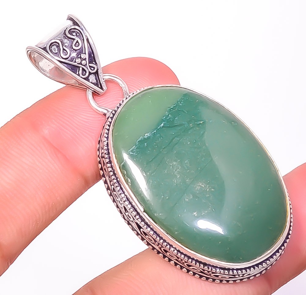 Natural Fine Art – Green Aventurine 925 Silver Plated Bali Pendant 2.54″ S191