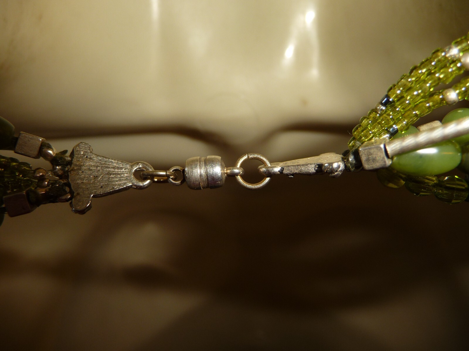 OLIVE GREEN BLACK & SILVER TONR BEADS 8 STRANDS NECKLACE #7/28A