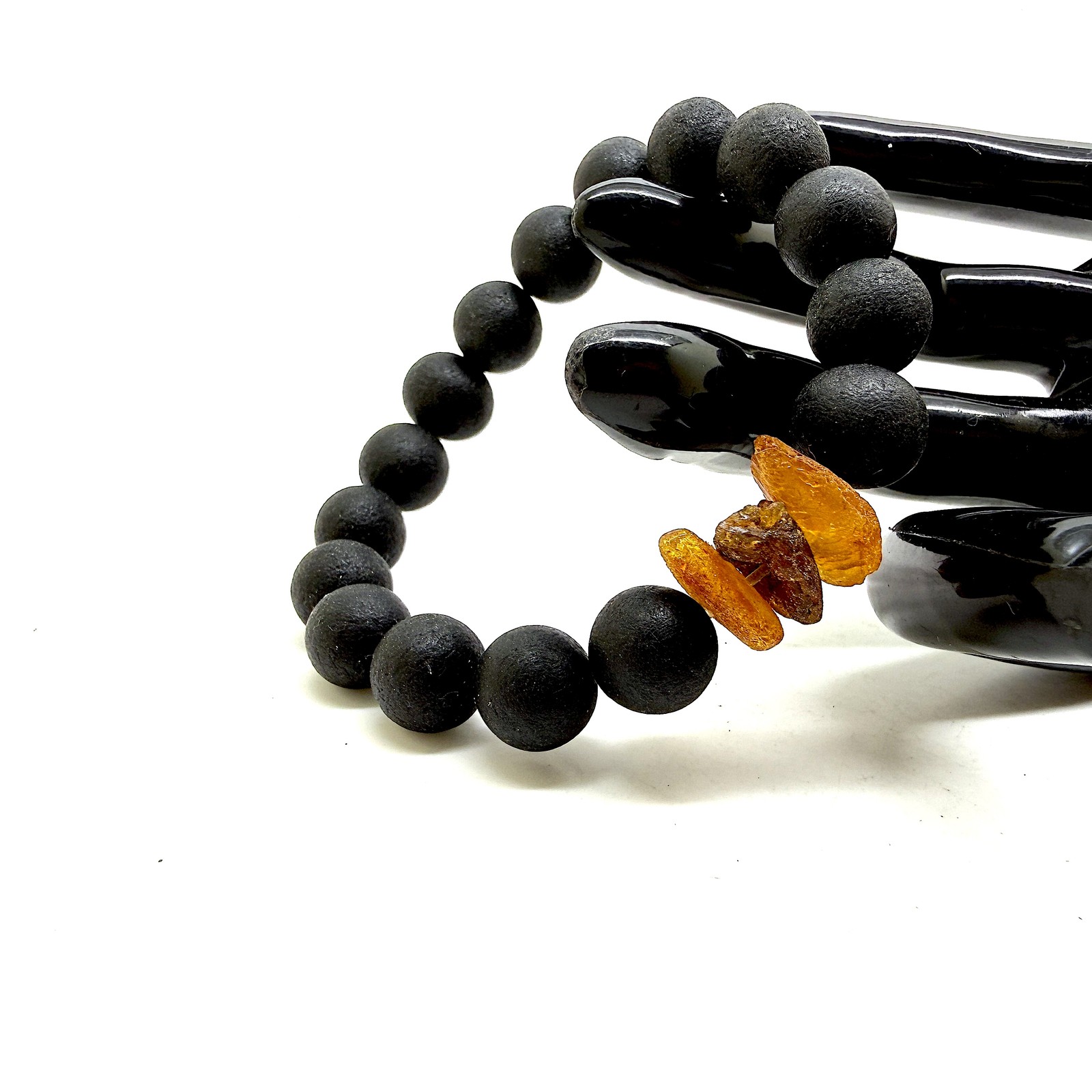Baltic Amber Beaded Bracelet Black 11mm Stretch Healing 14.2g