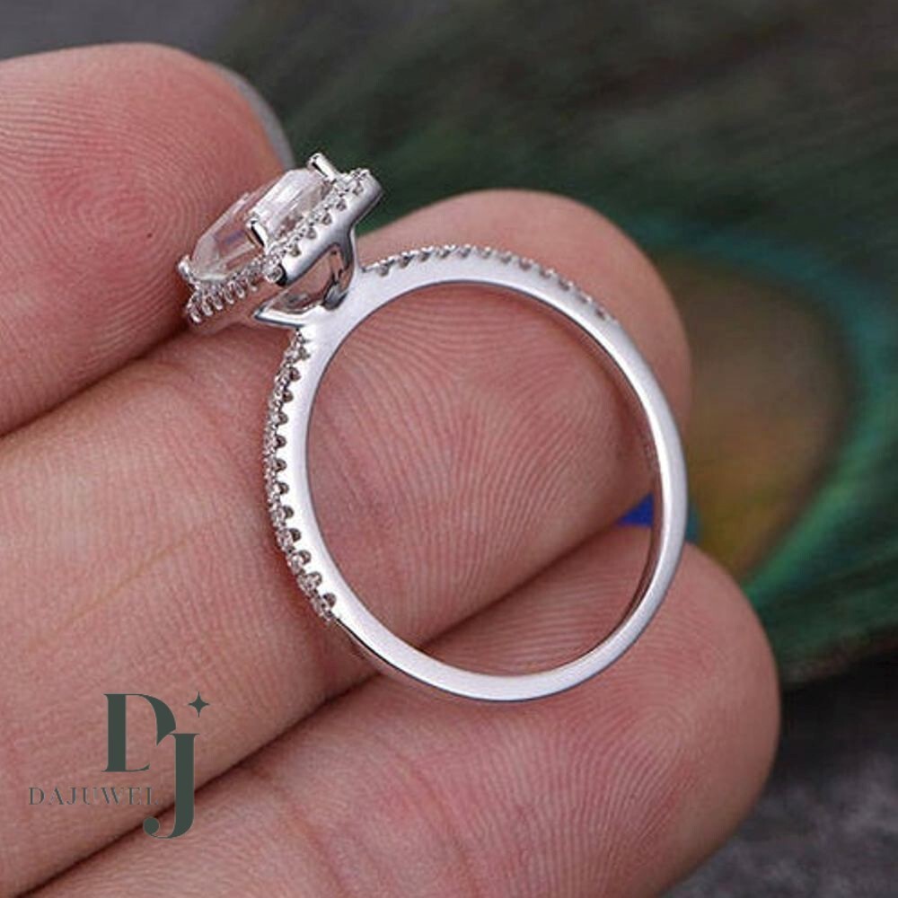 Moissanite Halo Engagement Ring Solid 14K White Gold 2.50 Carat Emerald Cut VVS1