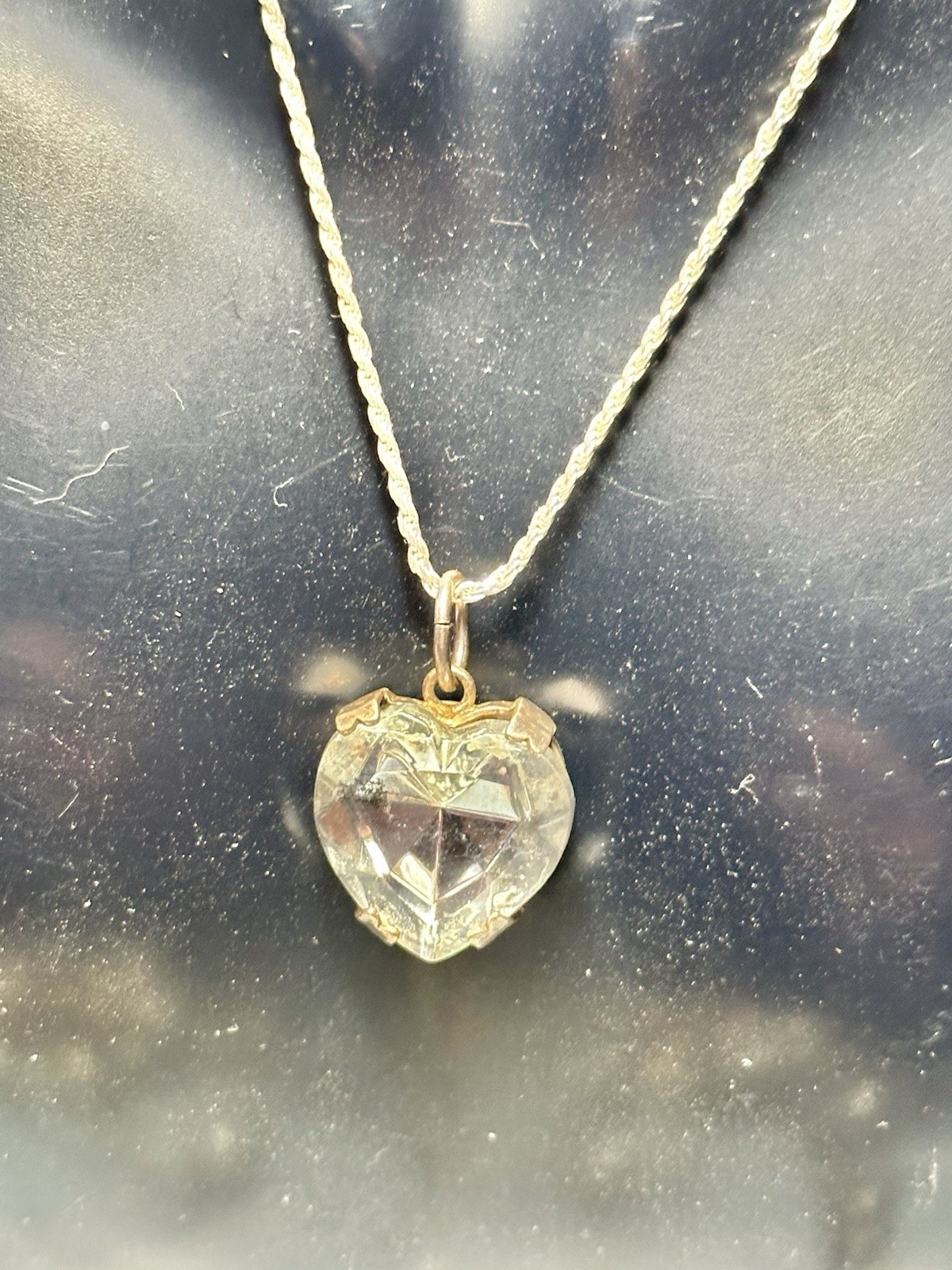 1970s Vintage Silver Tone Heart Crystal Pendant Necklace, Signed TONIC