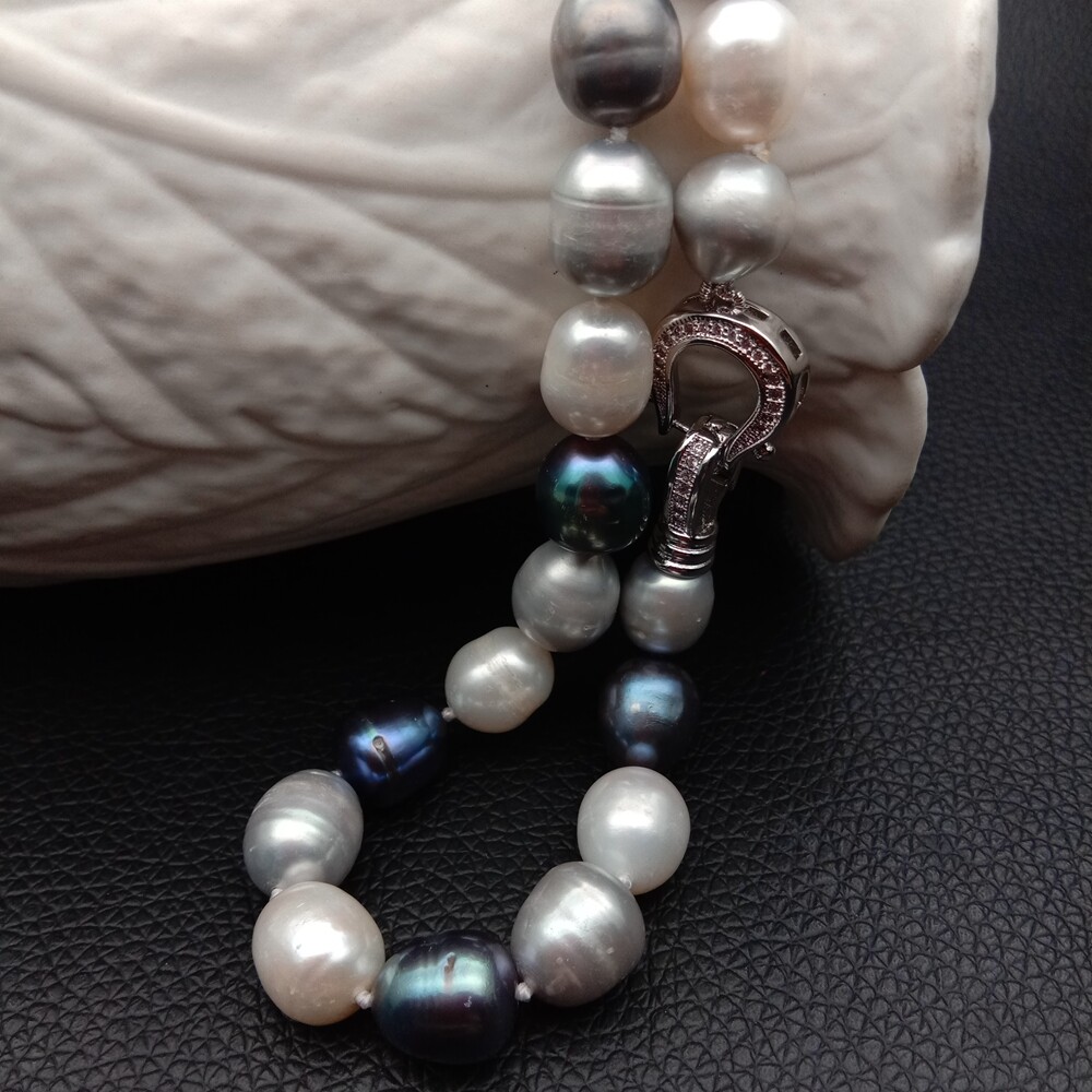 Freshwater Black Gray White Rice Pearl Mixed Color Pearl Necklace For Women 17″