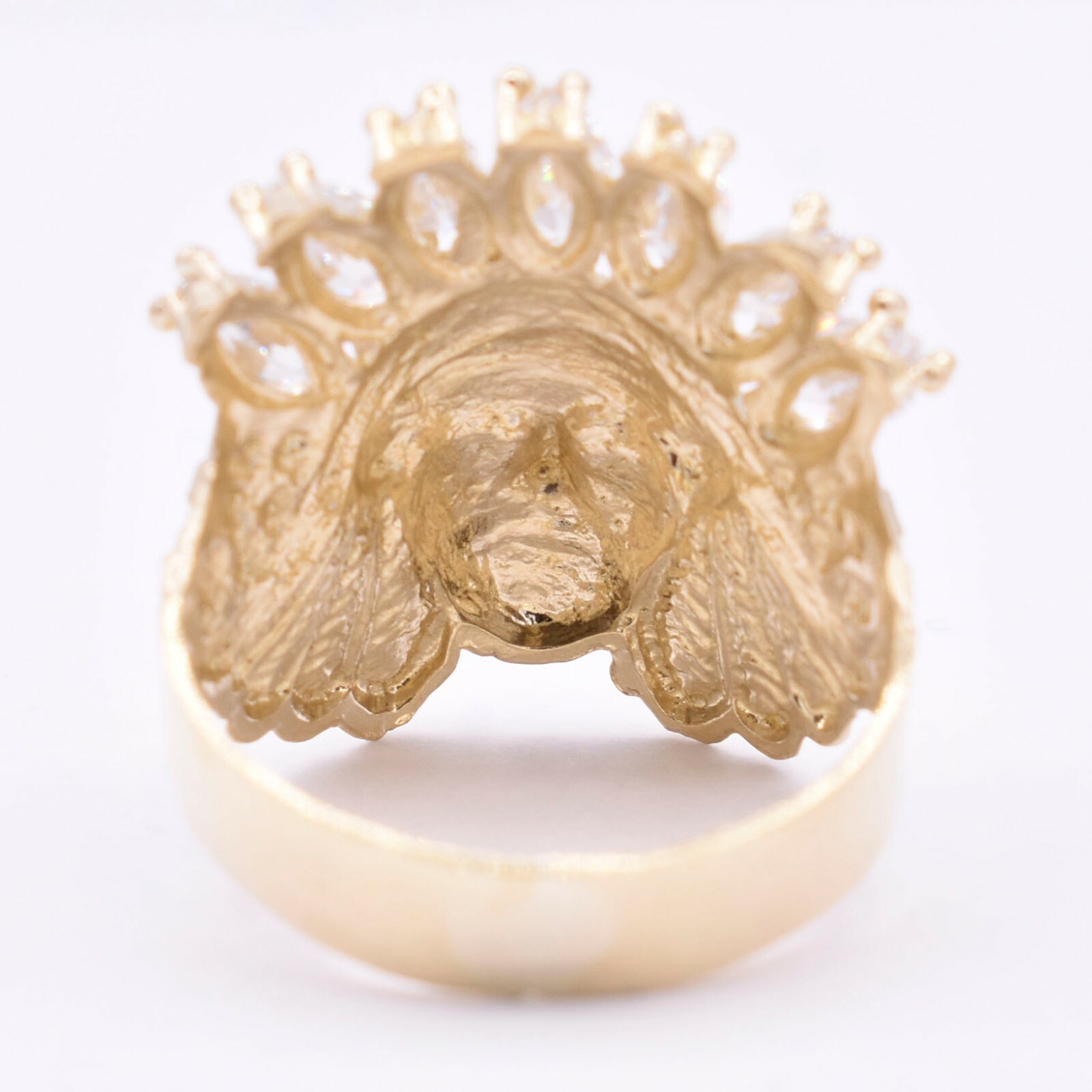 Men’s Native American Indian Head All White CZ Solid 10K Yellow Gold ALL SIZES