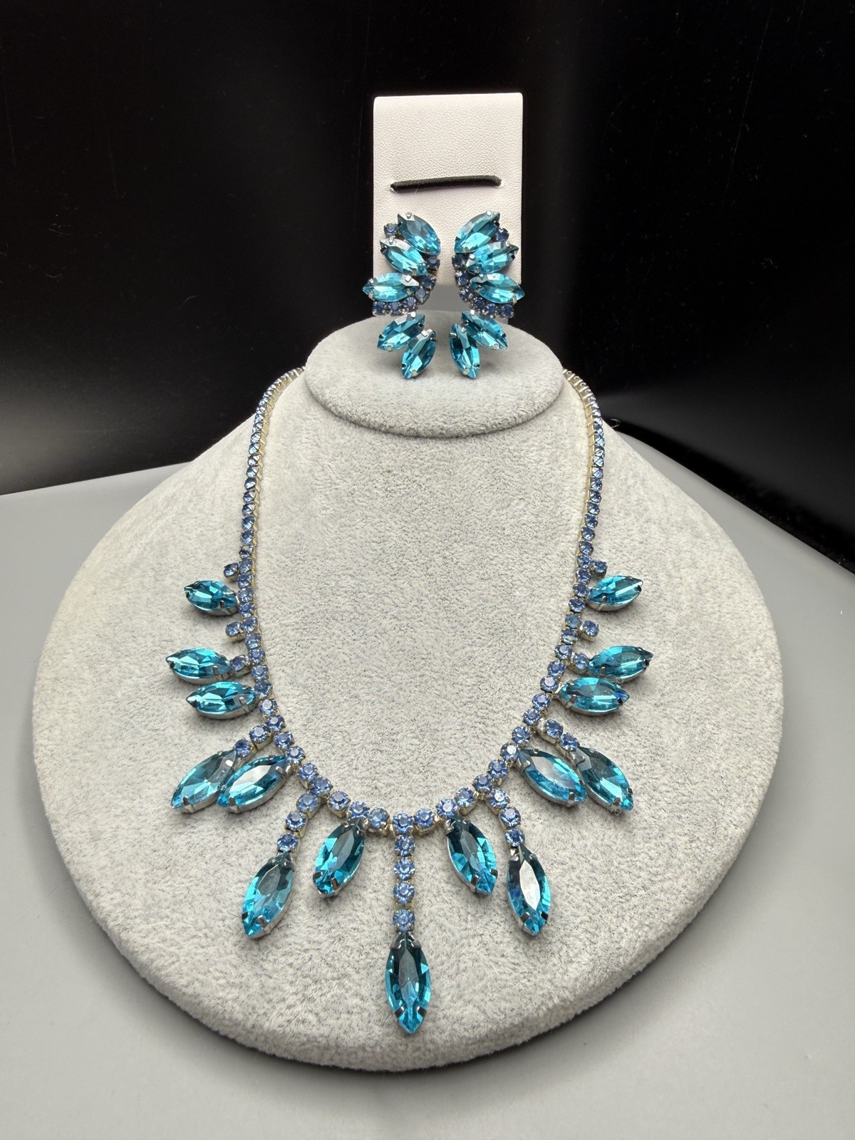 Necklace & Clip On Earrings Set Aqua Blue Rhinestone Fringe Style VTG 17” 50-60s