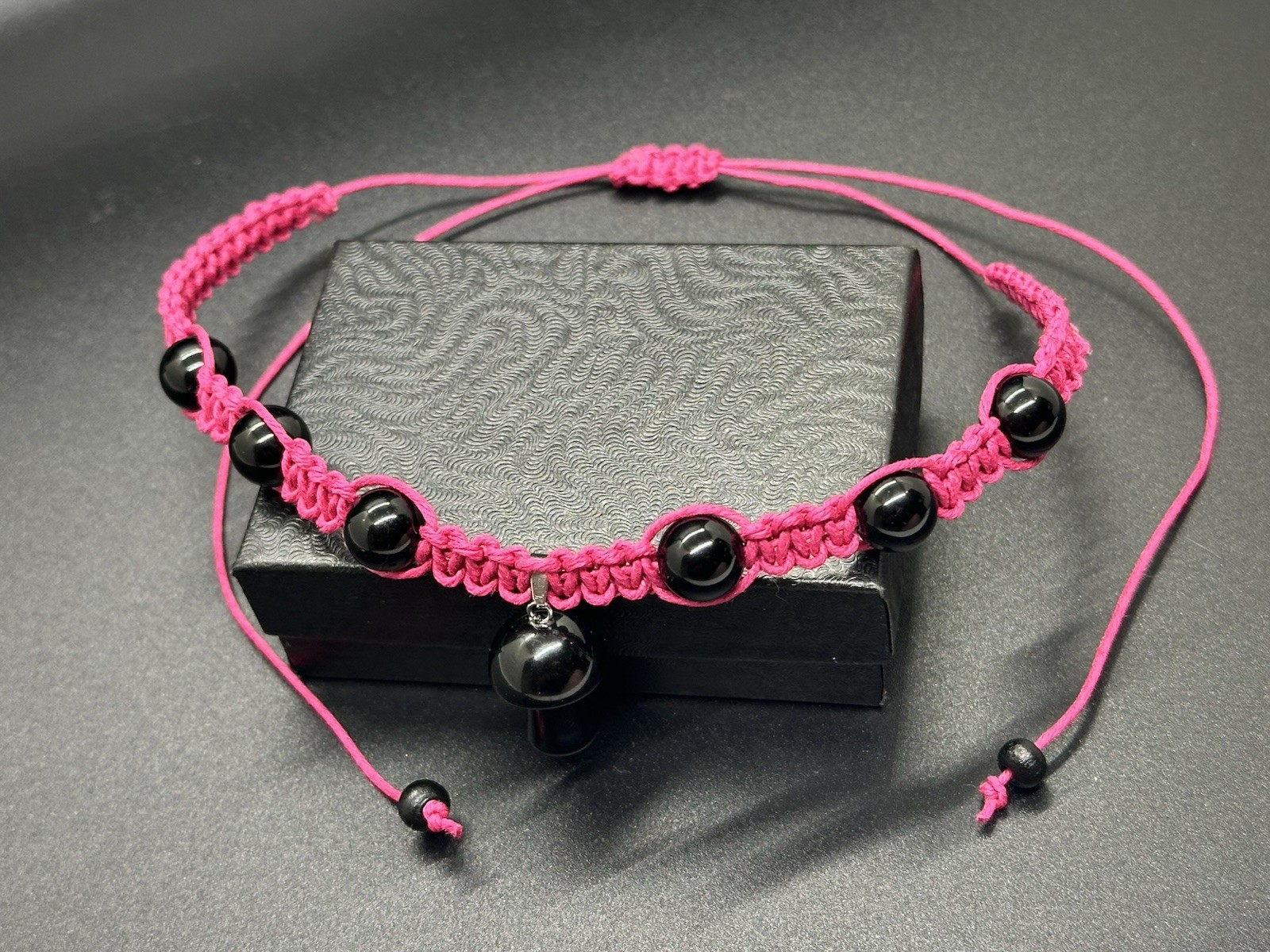 Onyx Mushroom Choker W/ Onyx Beads Necklace Pink Hemp Handmade Adjustable 11-30″