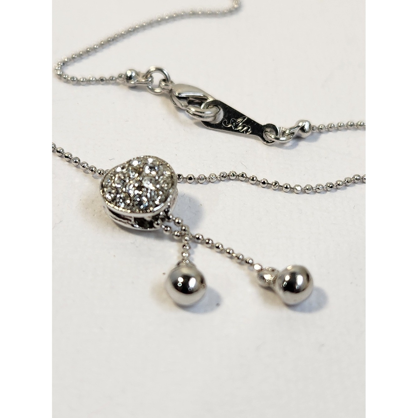 NIB Sterling Silver Heart Bolo Adjustable Slider Pavé Lariat Necklace 16″
