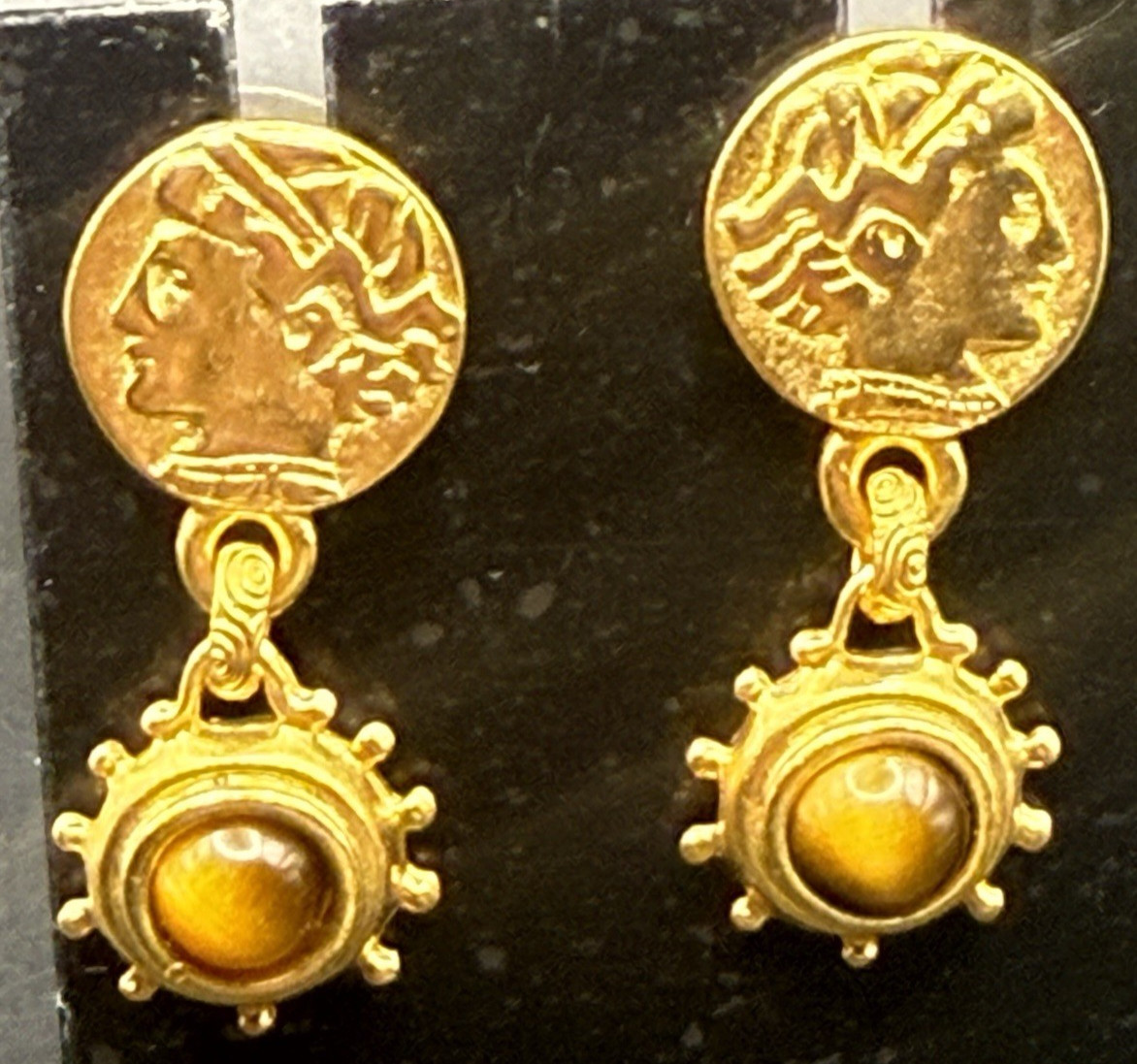 Robert Rose Roman Coin Dangle drop earrings pierced faces gold tone Vintage