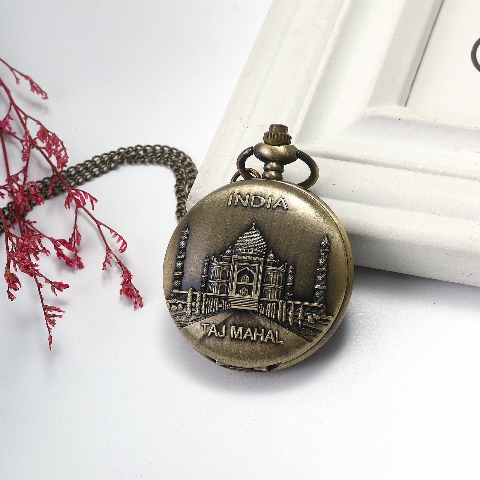 Retro Pocket Watch India Taj Mahal Case Quartz Pendant Chain Classic Watch Gift