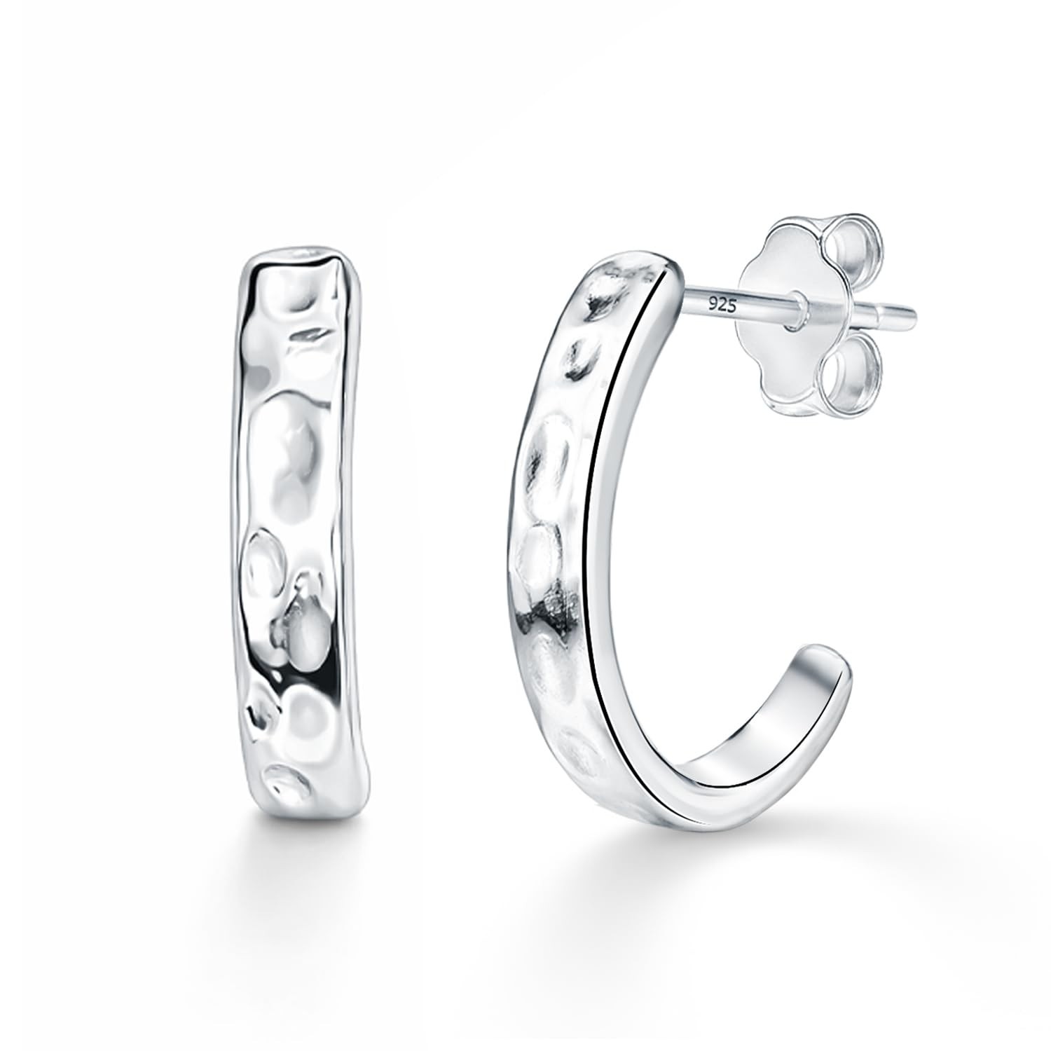 LeCalla 925 Sterling Silver Hammered J-Shape Hoop Earrings for Women Teen 15 mm