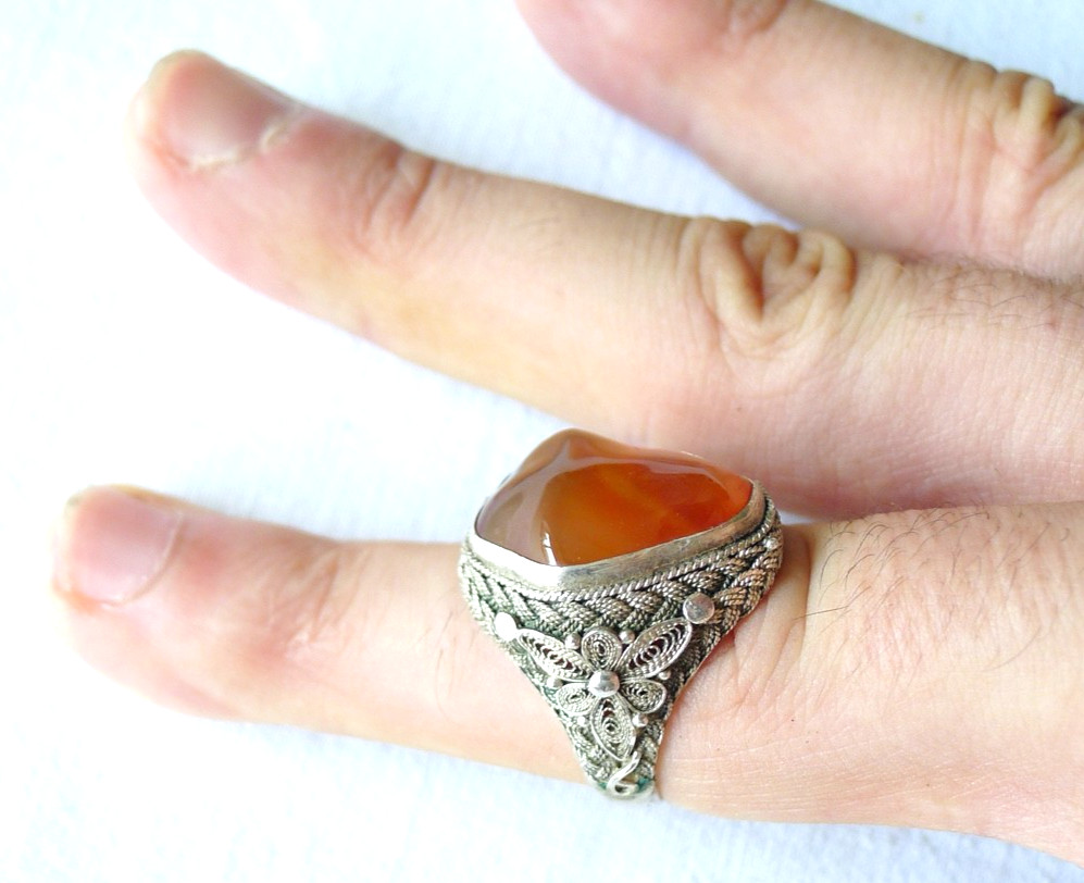 OLD CHINESE RING FILIGREE SILVER HARD STONE CHINA EXPORT VINTAGE CHINA