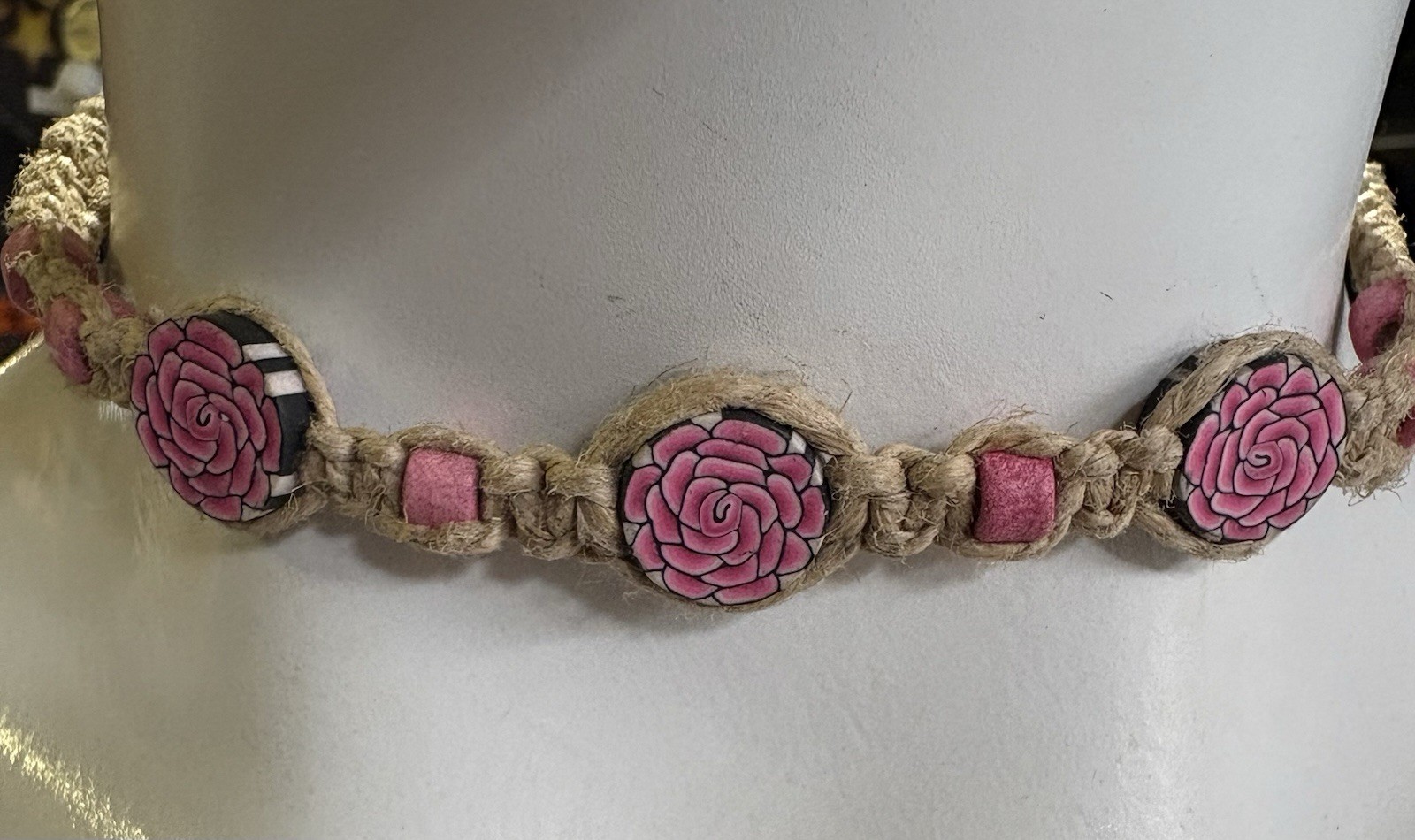 Beige Braided Cord Beaded Choker Necklace Pink Resin Rose Flower Adjustable Tie