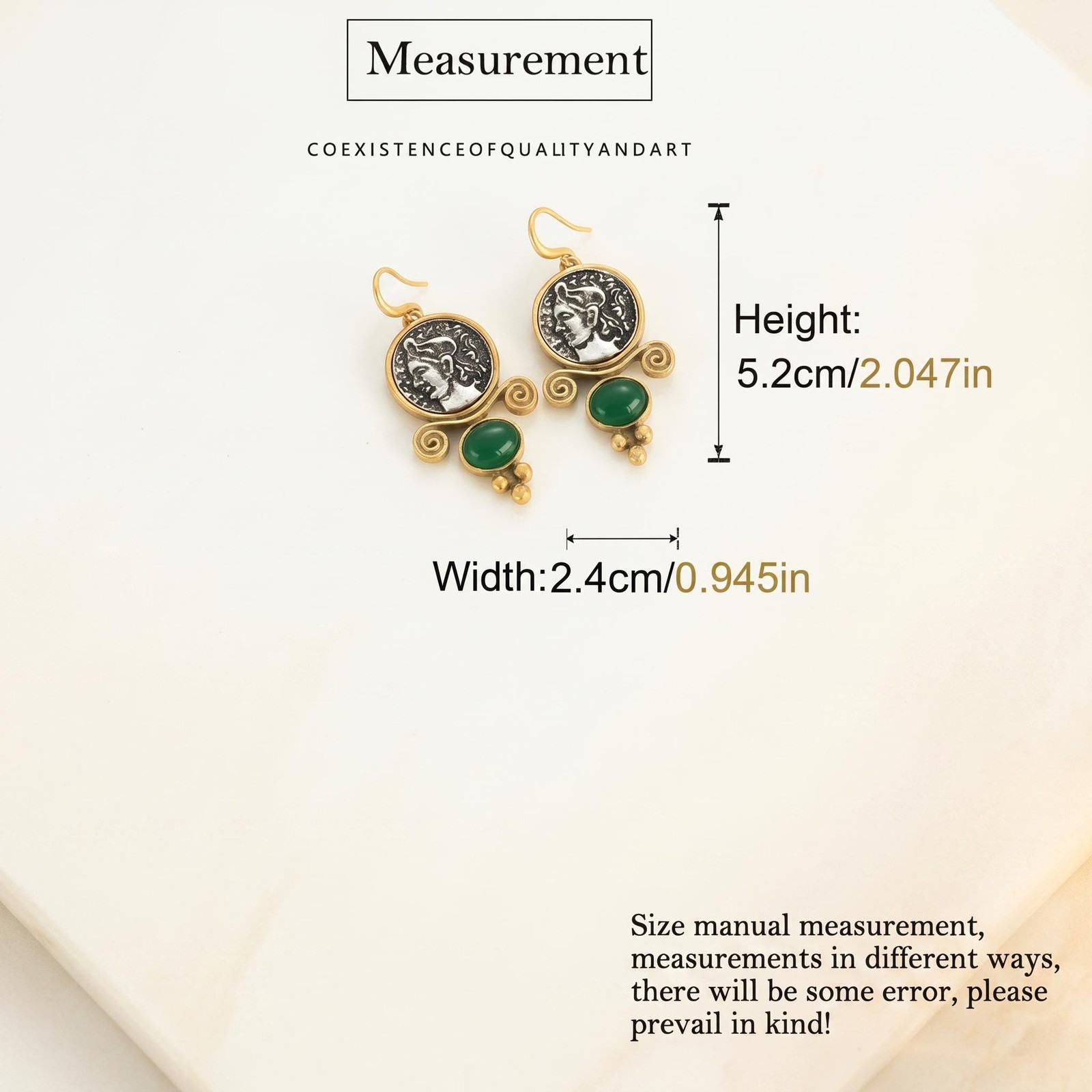 Roman Coin Drop Earrings Gold Antique Green Agate Vintage Portrait Dangle Hook
