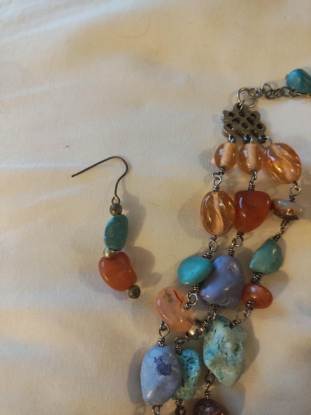 Artisan Amber & Turquoise 19″ 3 Strand Rock Necklace/ Earrings Southwest. Read