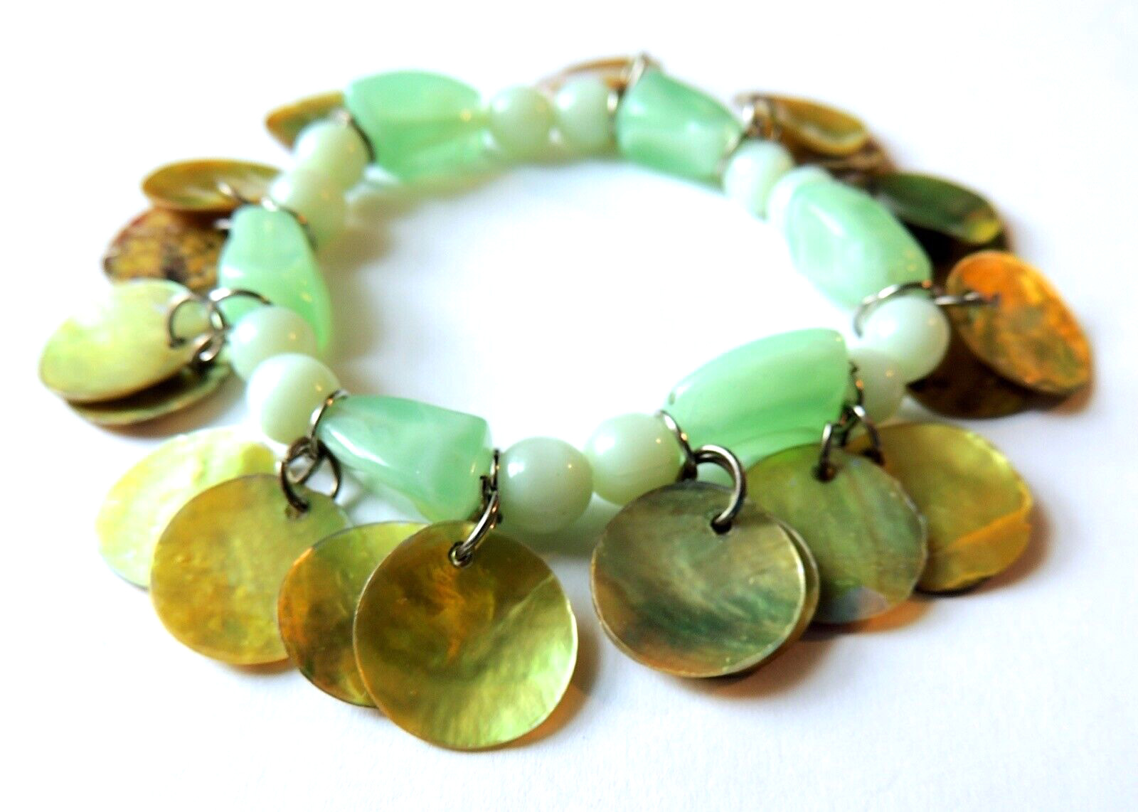 Green MOP Wafer Dangles & Multishade Green Jade Beads Stretch Bracelet