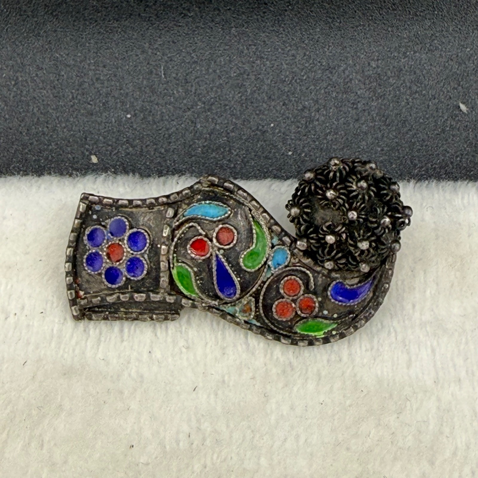 Vintage Chinese Export Enamel Shoe Brooch Silver Tone