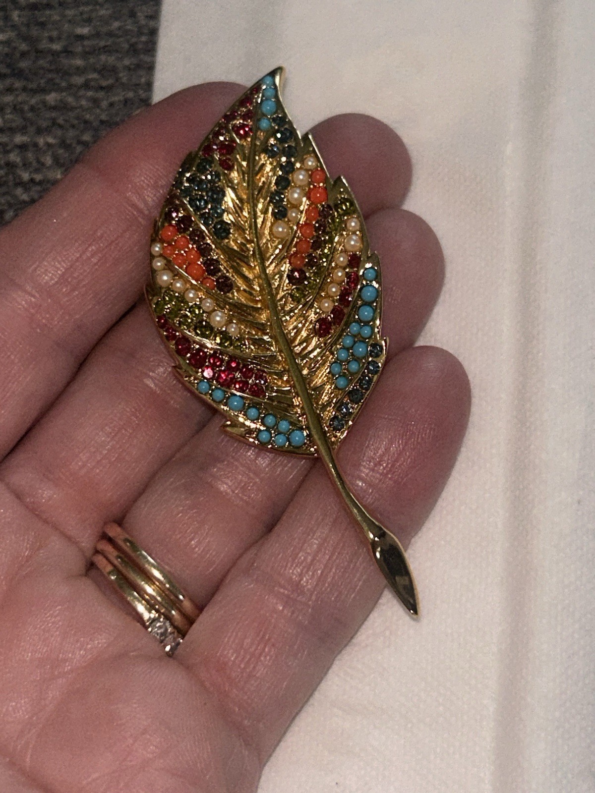 Vintage D’Orlan Rhinestone Enamel Leaf Pin Brooch J21
