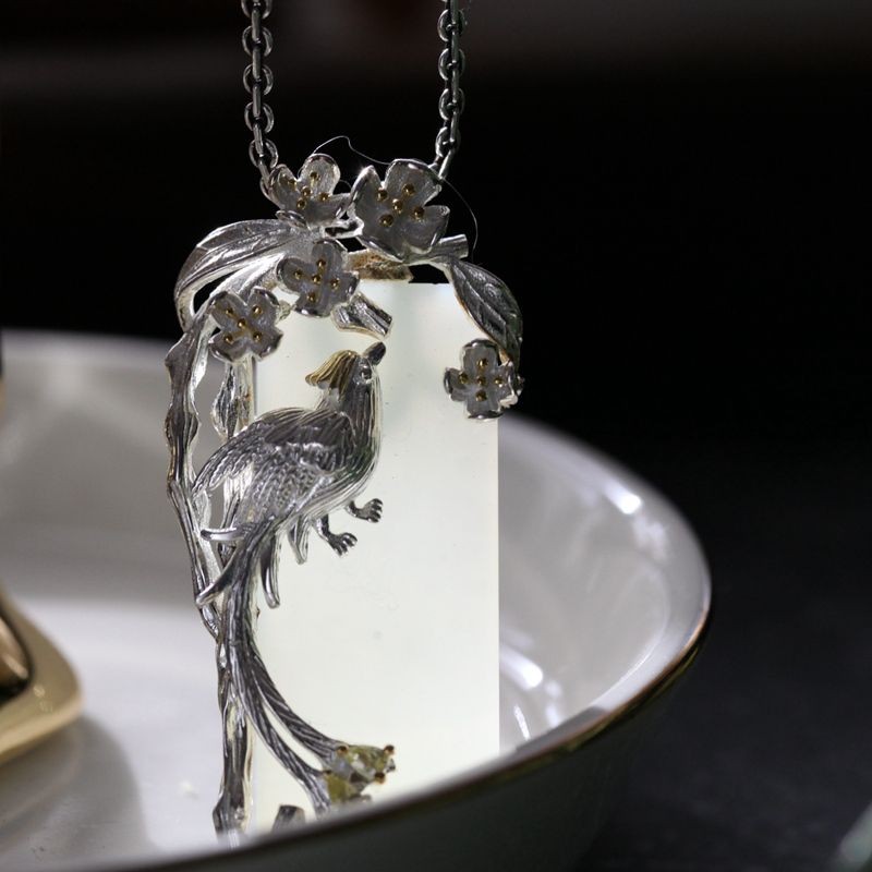 Silver-Plated Alloy & Jade Phoenix Pendant Necklace for Women