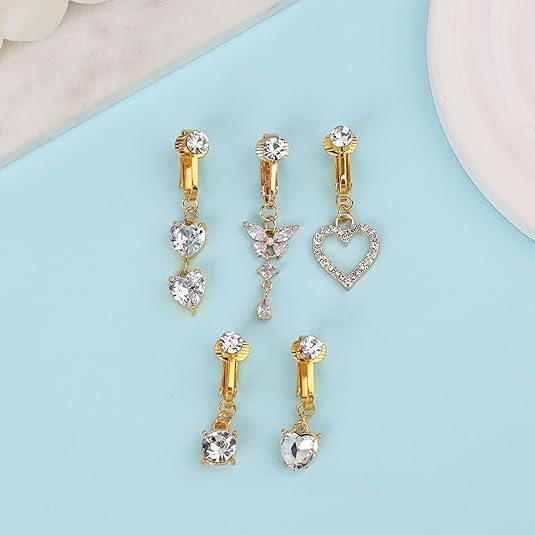 5Pcs Fake Belly Ring Clip on Surgical Steel Faux Dangle Button Gold/Silver