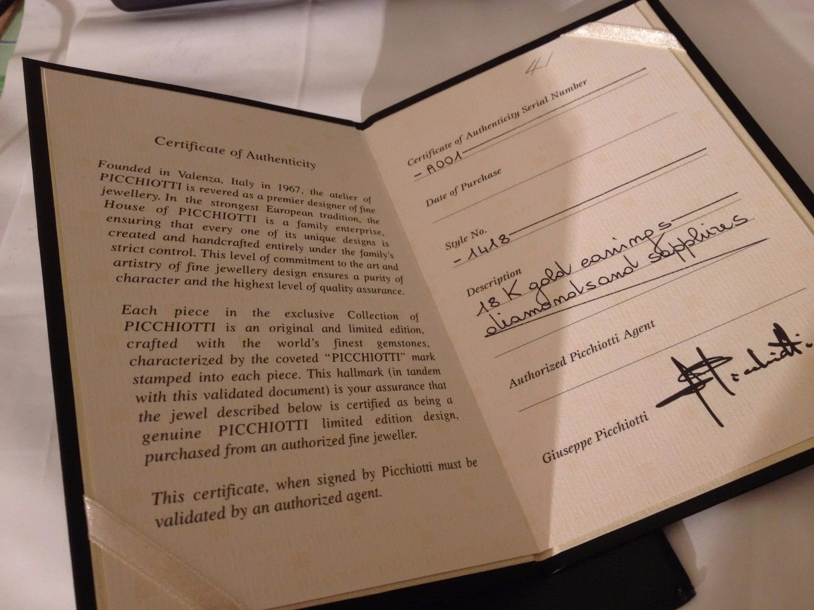 Picchiotti Certificate of Authenticity