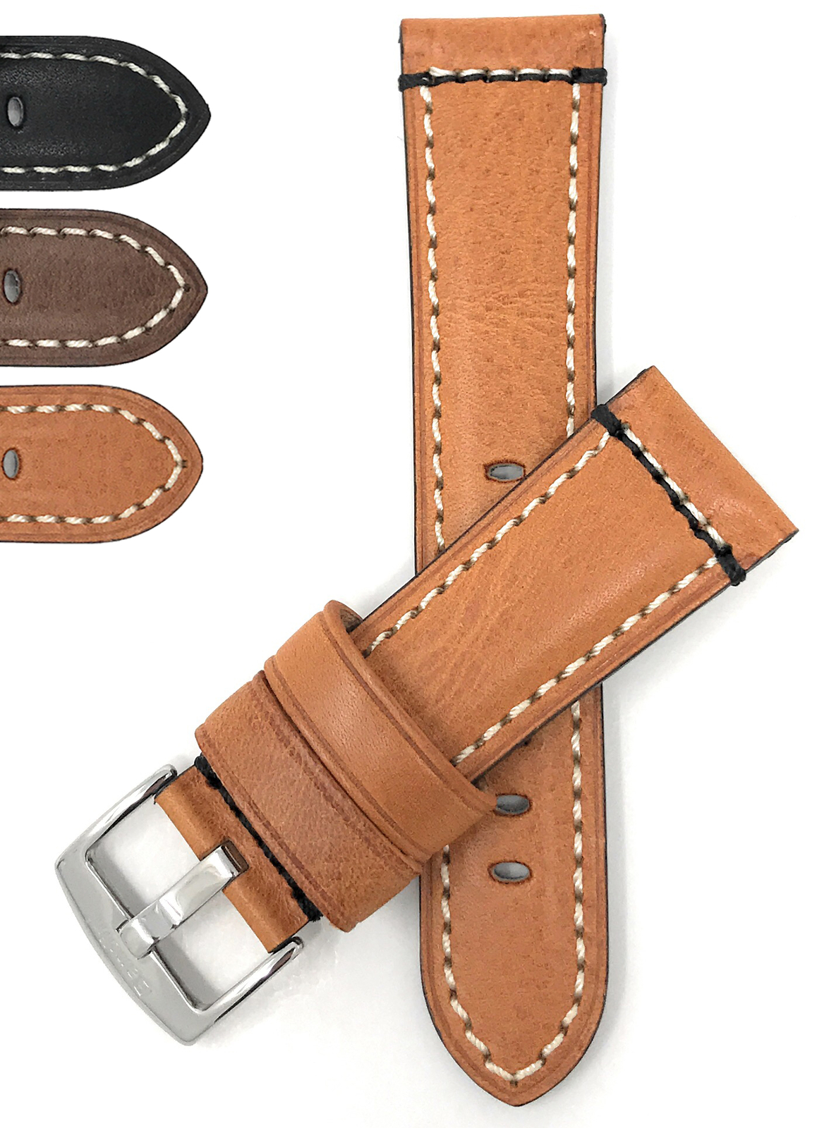 Bandini Mens Leather Watch Band Strap, Double Stitch, Brown Black Tan, 22mm 24mm