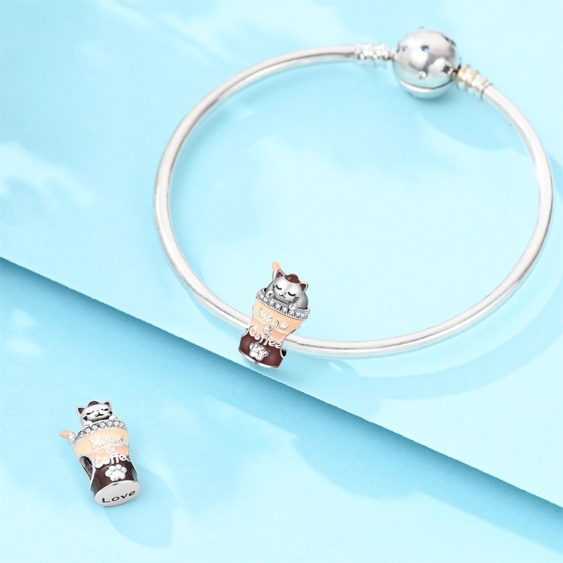 KUNSIR Coffee Cup Cat Bead Charm for Bracelets, 925 Sterling Silver DIY Charms