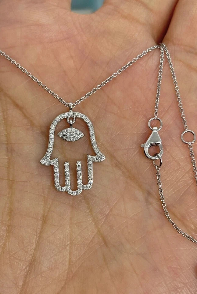 1.20Ct Round Cut Real Moissnite Hamsa Hand Pendant 14K White Gold Plated