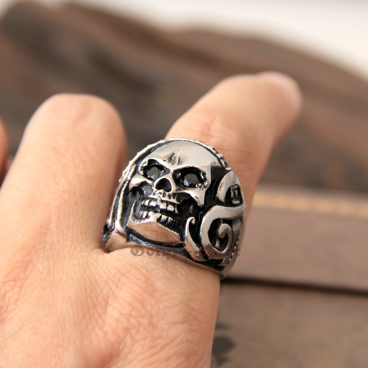 Men’s Rock’n Roll Music Guitar Black CZ Skull Stainless Steel Rocker Ring Size 8