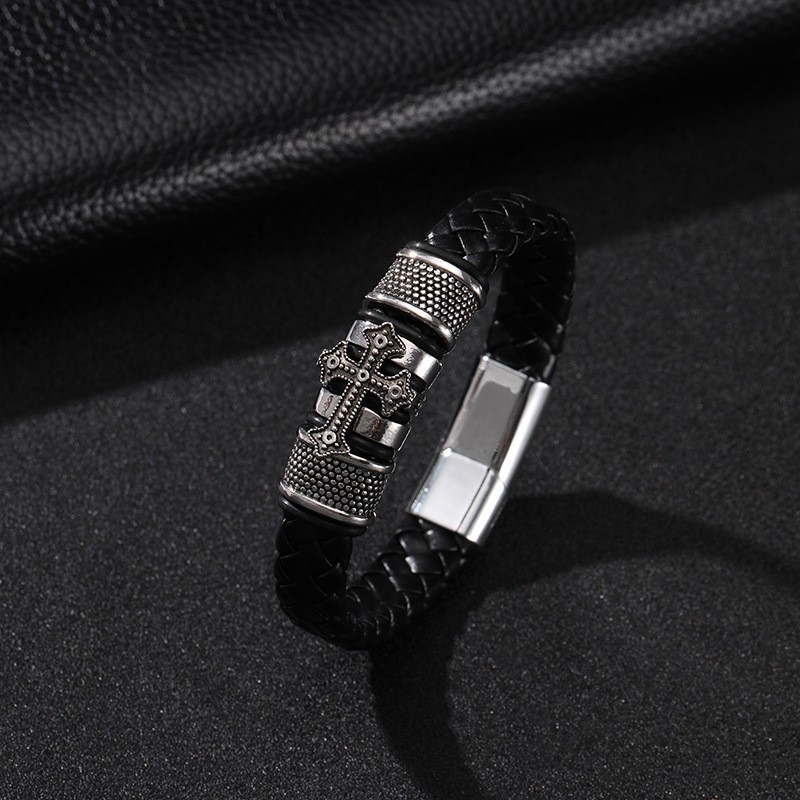 1PC High Quality Braided Cross Men’s Leather Bracelet Jewellery Gifts