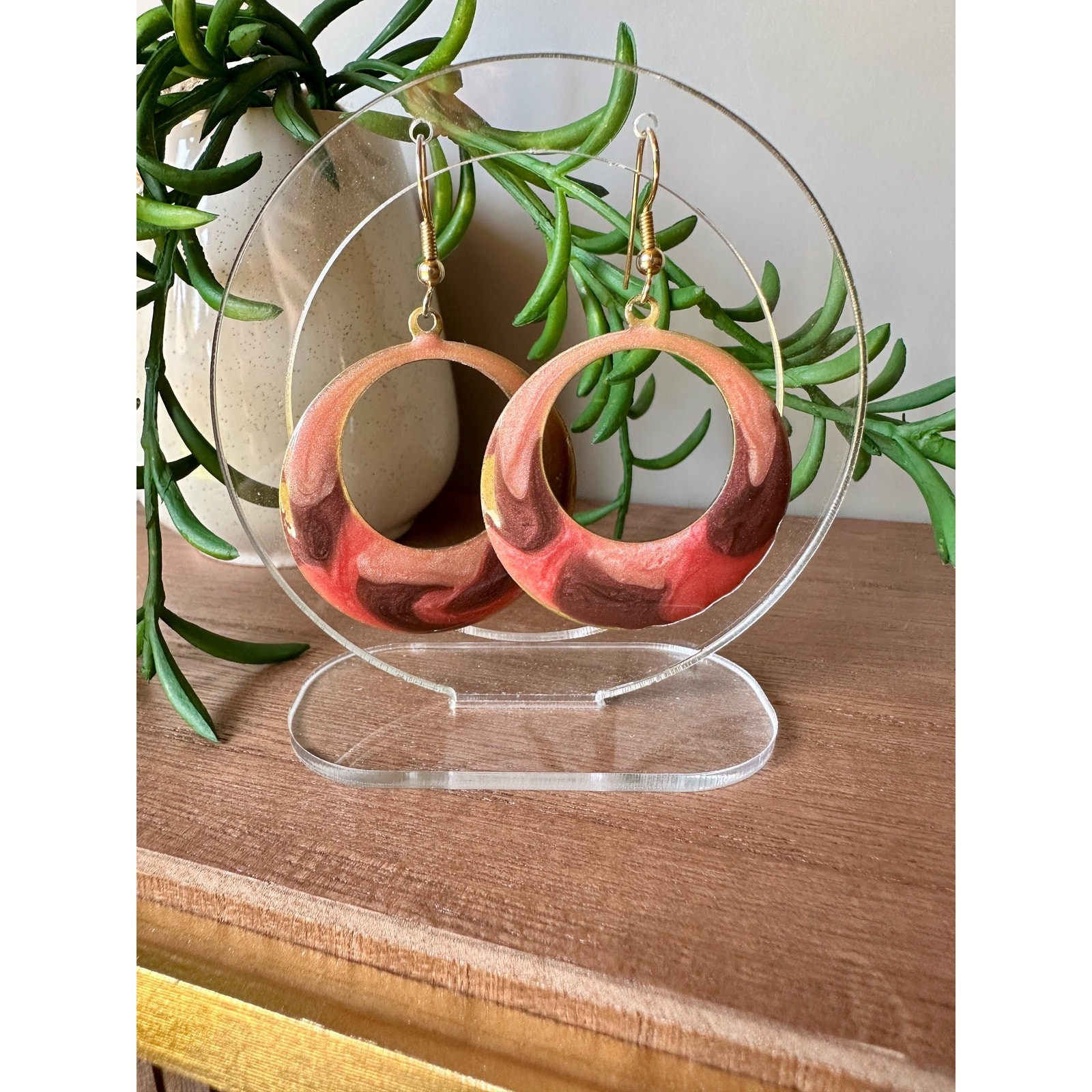 Retro Enamel Hoop Earrings | Pink Brass Statement Jewelry