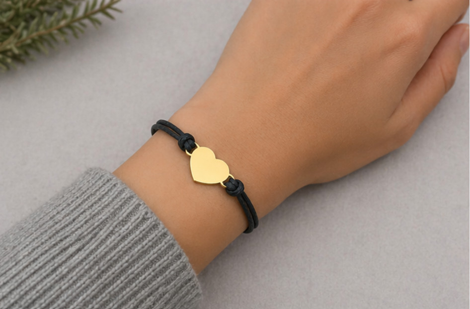 Custom Engraved Heart Bracelet Adjustable Black Cord Personalized Name Gift