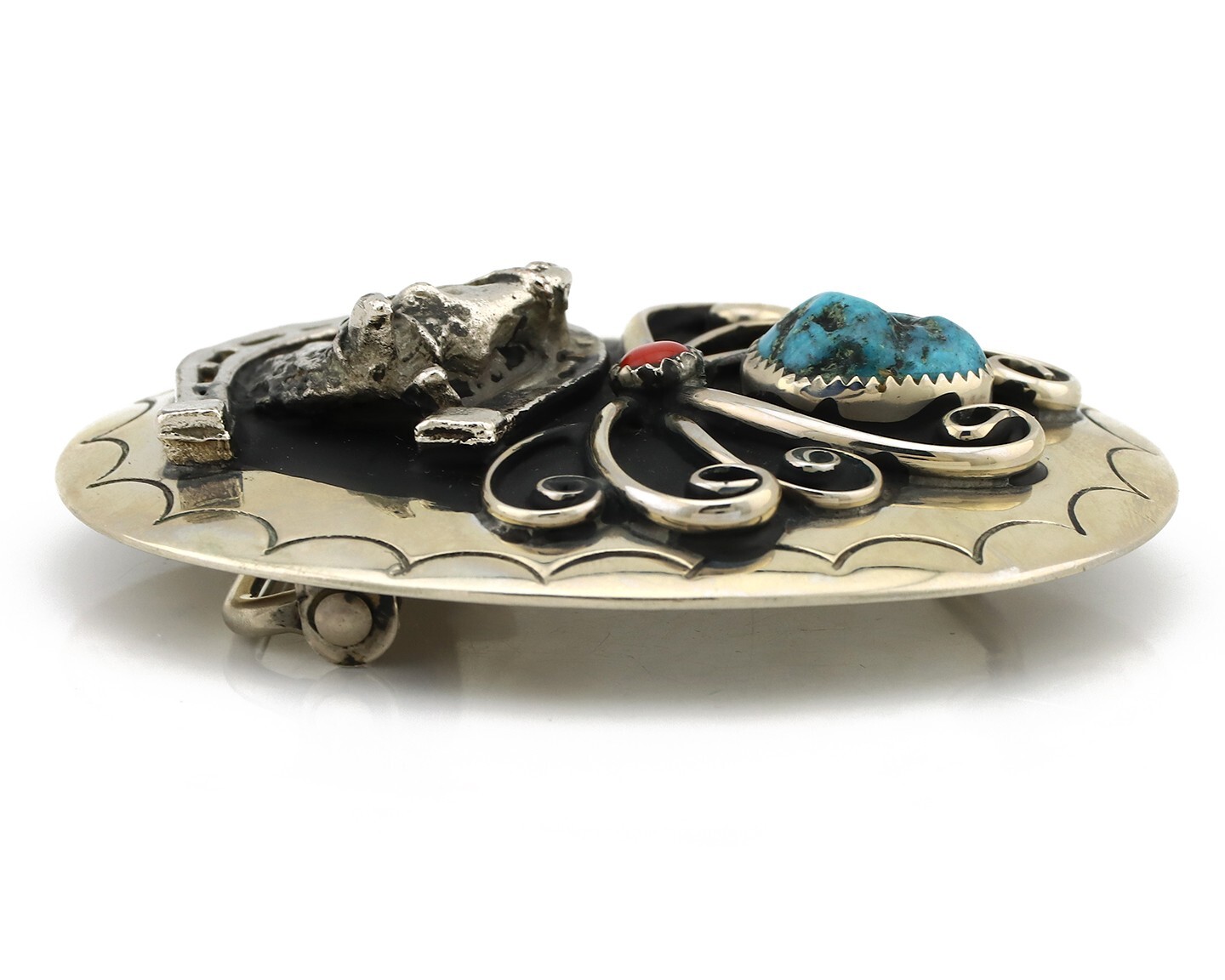 Navajo Horse Belt Buckle Nickle Silver Gemstone Handmade Native American C.80’s