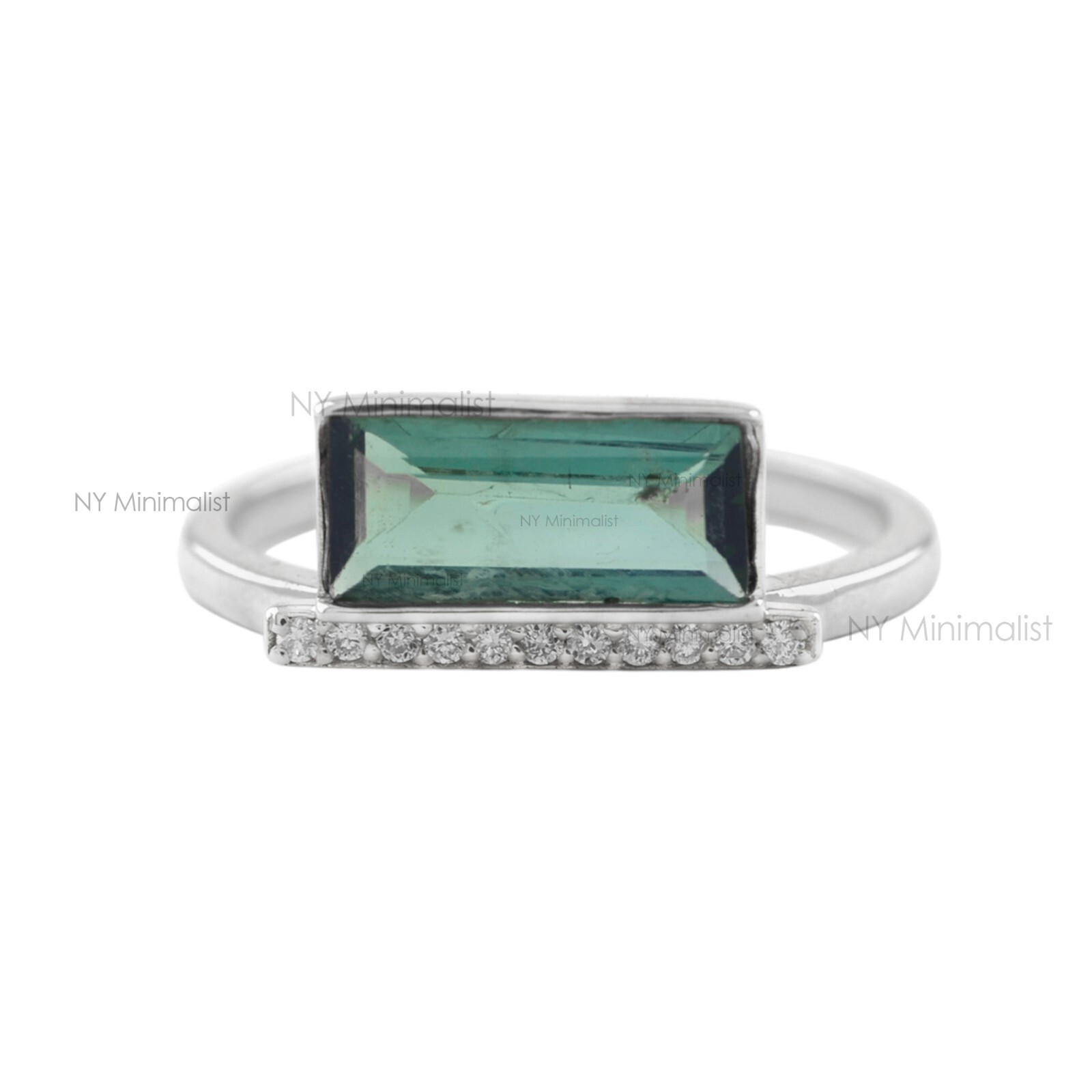 Horizontal Baguette Green Tourmaline and Pave Diamond Bar Ring In 14K Solid Gold