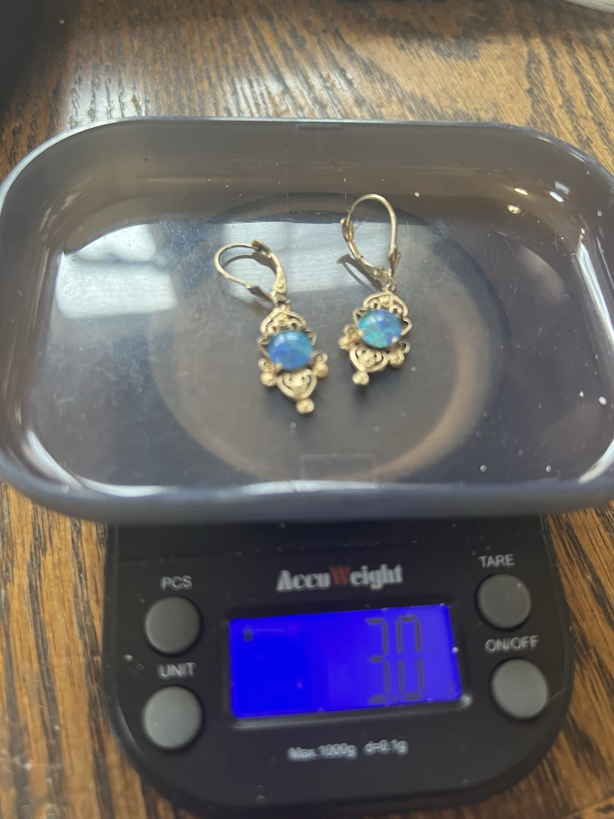 Vintage 14K Yellow Gold Black Opal Dangly Earrings 3.0 g. Very Good Cond B/O