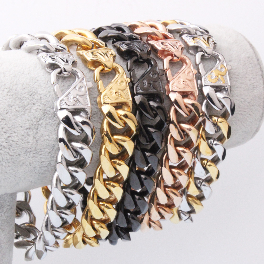 Heavy 12mm 15mm Mens Stainless Steel Silver Gold Black Curb Cuban Chain Bracelet