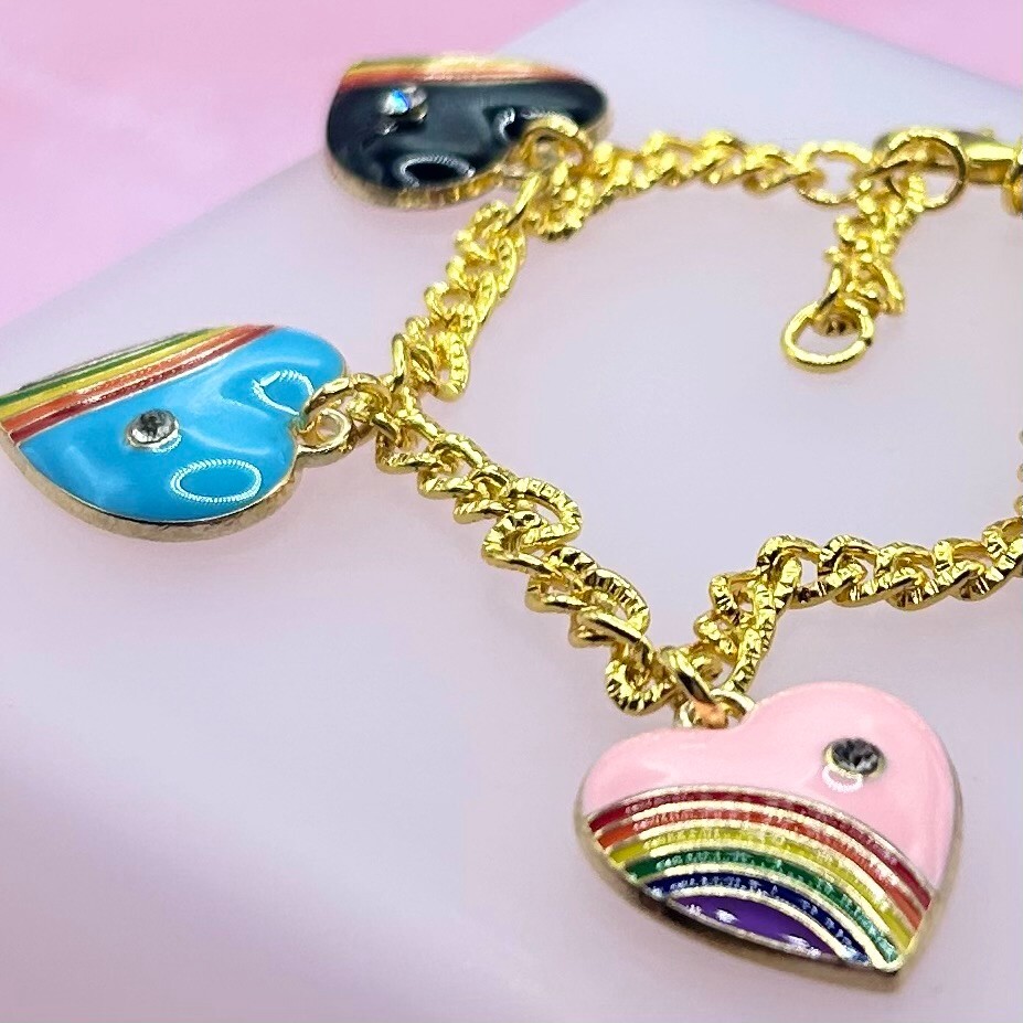 Gold Rainbow & Diamante Heart Pendant Charm Bracelet – New Handmade Unique