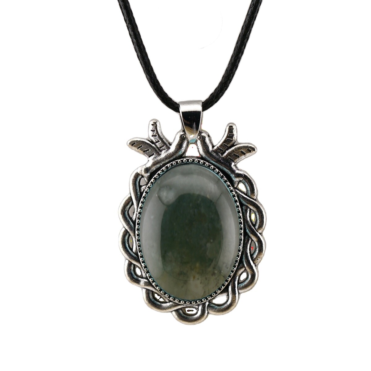 Natural Gemstone Oval Pendant with Lace and Bird Feather Wrapped Necklace