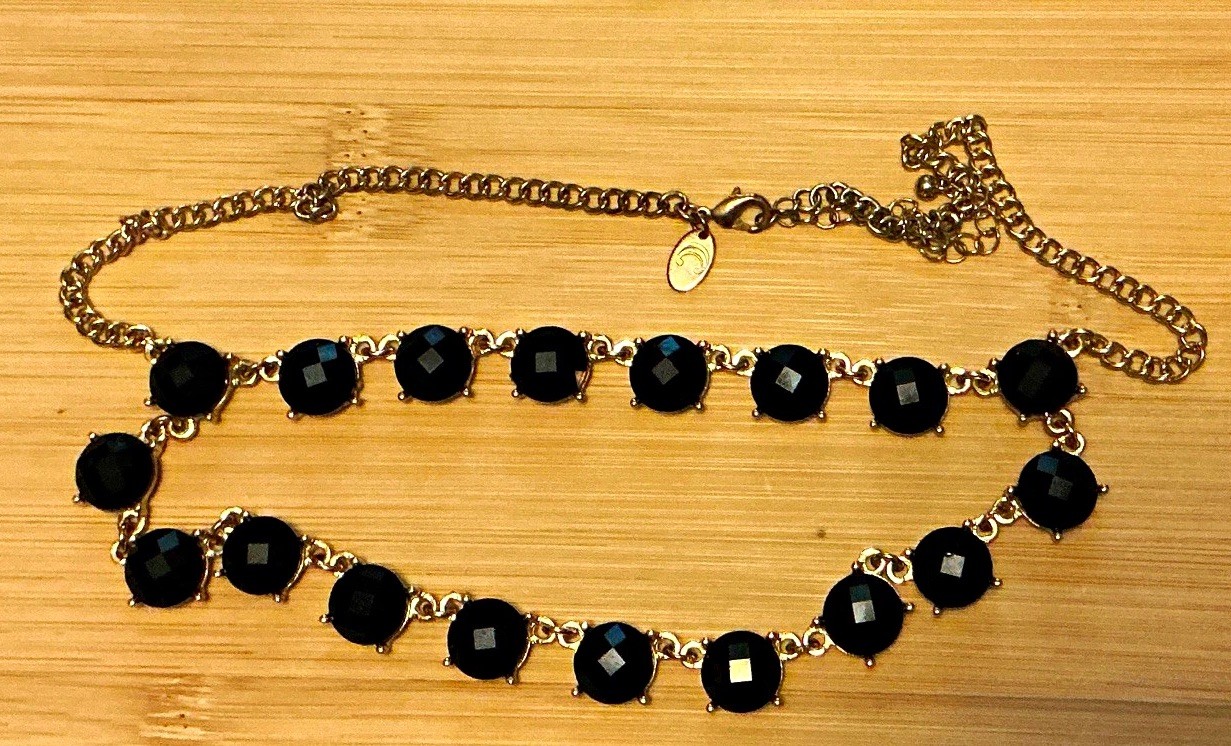 Gold Tone Cable Chain Necklace Black Round Crystal Stations Lobster Clasp